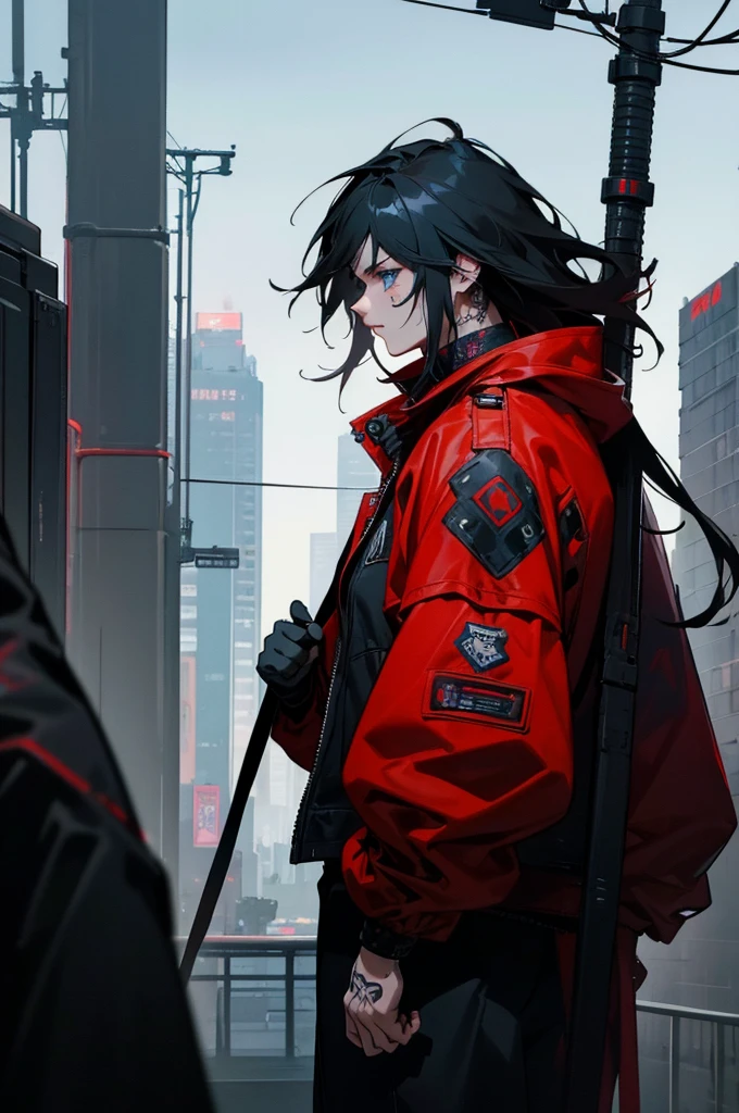1 men, Bblack hair, blue colored eyes, Messy hair, cyberpunk facial implant, neck and arm tattoos, modern clothing, red coat, Black baggy pants, city background, walking on the path, detailed back ground, face detailed, unexpressive