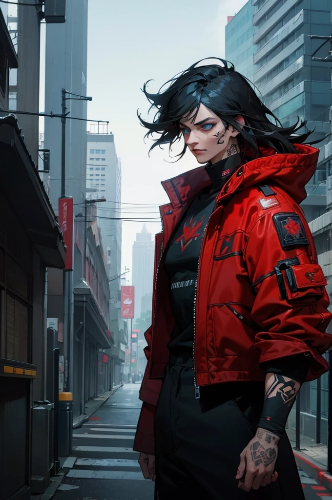 1 men, Bblack hair, blue colored eyes, Messy hair, cyberpunk facial implant, neck and arm tattoos, modern clothing, red coat, Black baggy pants, city background, walking on the path, detailed back ground, face detailed, unexpressive