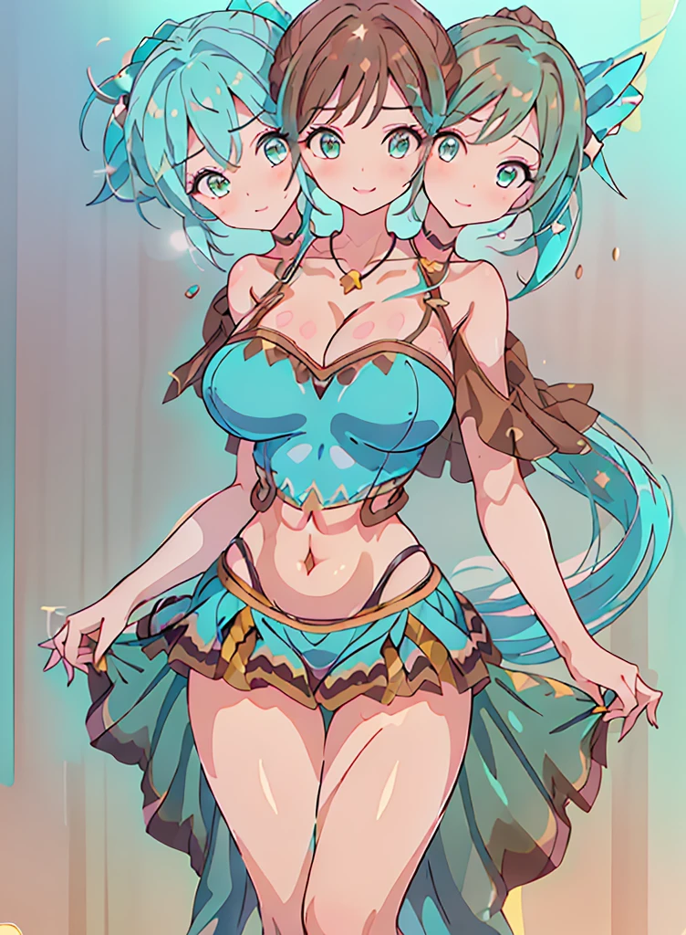 (16K), ((three headed woman)), smiling, highres, masterpiece, ((brown hair)), cleavage, large breasts, ((aqua dress:1.5)), lustrous and smooth skin, (mature woman), seductive silhouette, casual crop top, sexy proportions, Beautiful girl with accentuated slender abs, seductive woman, ((party background)), necklace, aqua miniskirt, miniskirt, open belly, exposed midriff, strapless, sleeveless, yellow eyes, beautiful eyes, ((long bushy ponytail)), ((gala)), cowboy shots, very big tits, huge , open belly, exposed midriff