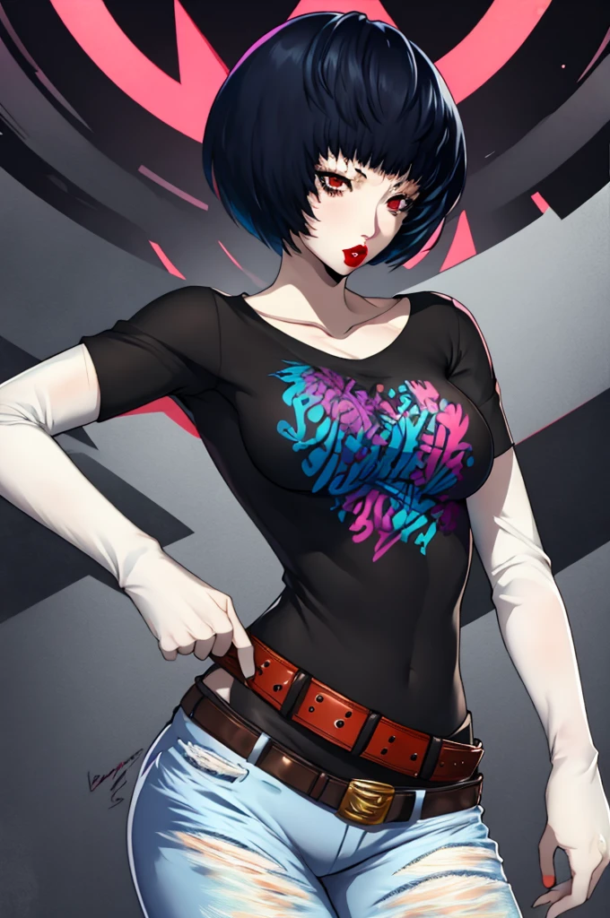 Tae takemi, 1girl, solo, standing, black t-shirt, white shirt, blue jeans, belt, lipstick, large breasts, layered sleeves, 