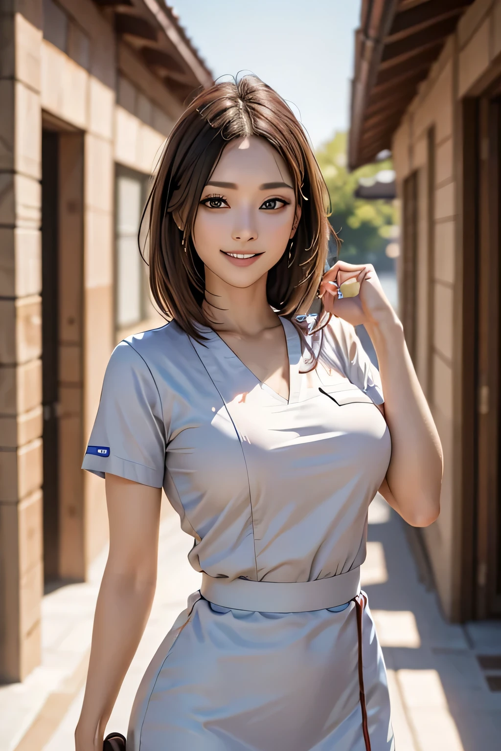 1 female, 40 years old, (Nurse cap, nurse uniform and mini skirt), masterpiece, grin, (very tanned and shiny skin), Big Breasts, photoRealistic, Realistic, alone, photoRealistic, Highest quality, Ultra-high resolution, Yura S, Outdoor, colorful,  Daytime setting, beautiful, masterpiece, Highest quality, Very detailedな顔, Perfect lighting, Ultra-high resolution, Very detailed, (background: Inside the hospital)