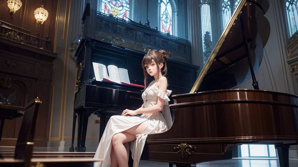 Girl playing grand piano, Packed concert hall, Short hair, Large breasts, Exposed breasts, cleavage of the breast, teats, a miniskirt, Voluptuous thighs, See-through's pure white dress, Pearl Necklace, Pearl earrings, Elegant posture, Graceful fingers, Soft lighting, Classical music atmosphere (Best Quality, 4K, hight resolution, masutepiece:1.2), Ultra-detailed, Photorealistic:1.37, Portraits, Vibrant colors, Warm and gentle tones.Excited joy、perspiring