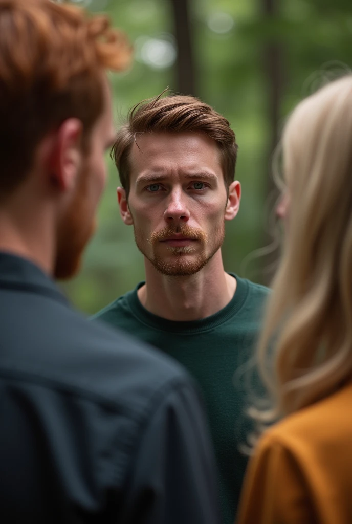 A 25 year old man with short brown hair talking seriously with a redheaded man and a blonde woman