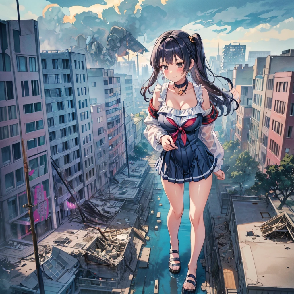 Composition seen from below　((Tall girl))　Sailor suit　Navy Blue Skirt　tie　(Cloudy)　((Grayish sky))　masterpiece　　Anime Style　Delicate painting　4K　the 90s　Giant　crowd　 ((battlefield))　　((destroyed metropolis))　((Collapsed building))　((ruins))　((Rubble pile))　((fire))　((flame))　crowd　crowd　((((A girl in a Giant swimsuit walking through the city valley)))　　白いshoes下　clock　Black Hair　　smile　　female Giant Giant girl Whole body 　 crowdアンリアルエンジン,Cleavage ,Picture , Earrings, Long Hair,cute picture　beauty　Analog Style　whole body　shoes