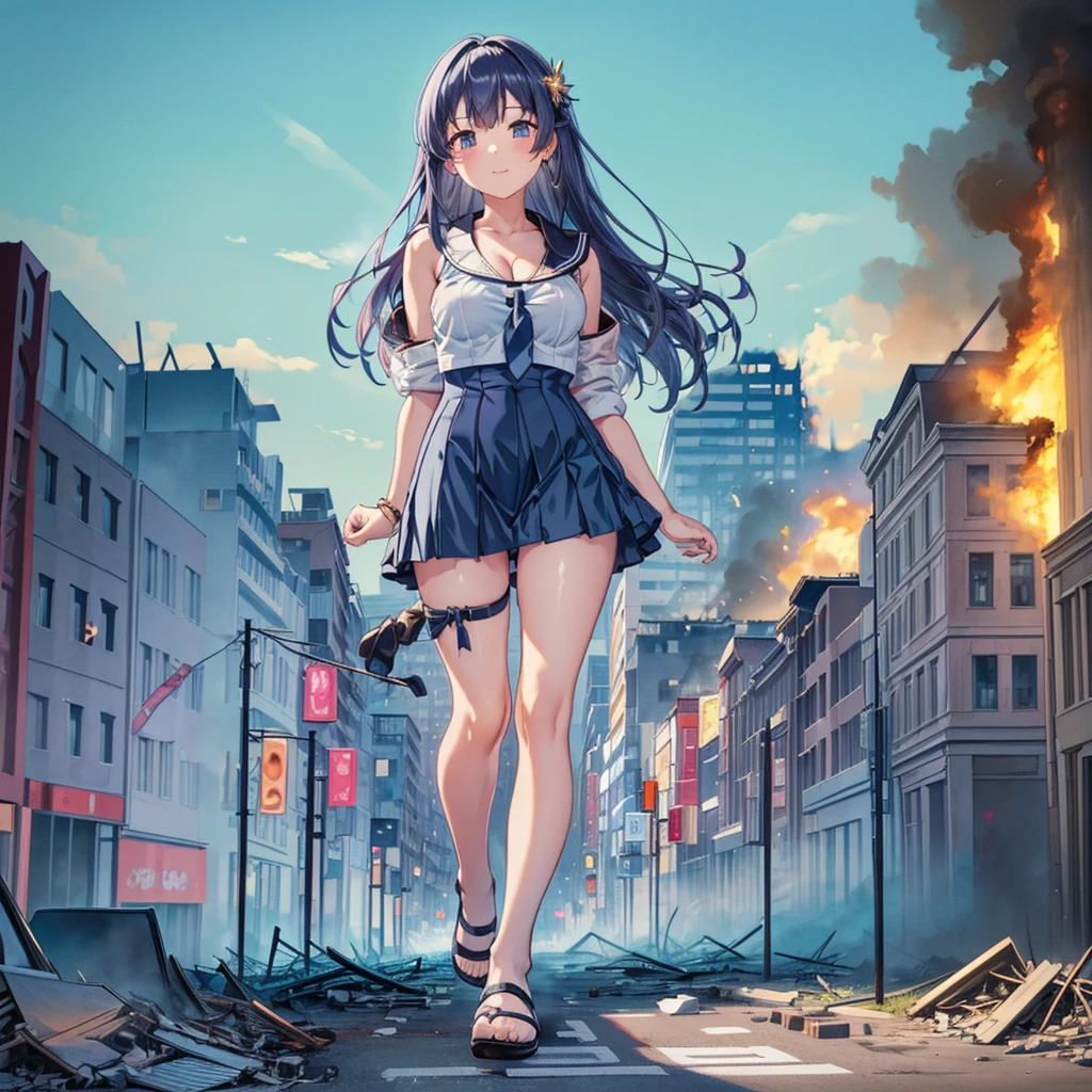 Composition viewed from below　(blue sky)　((cumulonimbus))　masterpiece　　Anime Style　Delicate painting　4K　90's　giant　crowd　 ((battlefield))　　((destroyed metropolis))　((Collapsed building))　((ruins))　((Rubble pile))　((fire))　((cigarette))　crowd　Crowd of people　((((A girl in a giant swimsuit walking through the city valley)))　((Bikini Swimwear))　((paola))　Straw hat　White socks　watch　Black Hair　　smile　　female giant giant girl Whole body 　 Crowd Unreal Engine,cleavage ,a drawing of a , earrings, long hair,Cute picture　Beauty　Analog style　whole body　sneakers