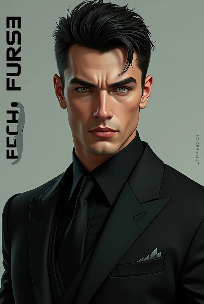 (photorealism:1.2), handsome man, black suit, wide shoulders, jet black hair with cut "Wolf", emerald green eyes and on one side of the image you can see the writing "Erick Fürst"