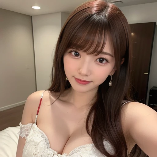 masterpiece, Best Quality,, Ultra-detailed, finely detail, hight resolution,1girl, blunt bangs, smile, blush, bed, big breasts, bride dress, 、nogizaka、Beautiful brown eyes:1.3、17-year-old, Beautiful redhair, absurdrez, shiny skin, dinive, red enamel, jewelry, full body, ultra detali, high qualiy, work of art, face detailed, gorgeous eyes(detailedeyes), a face of perfect proportions