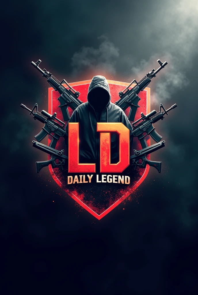a logo for a free fire x1 championship with the name "Daily Legend" use weapons, smoke in the background, the initials should be LD and not DL