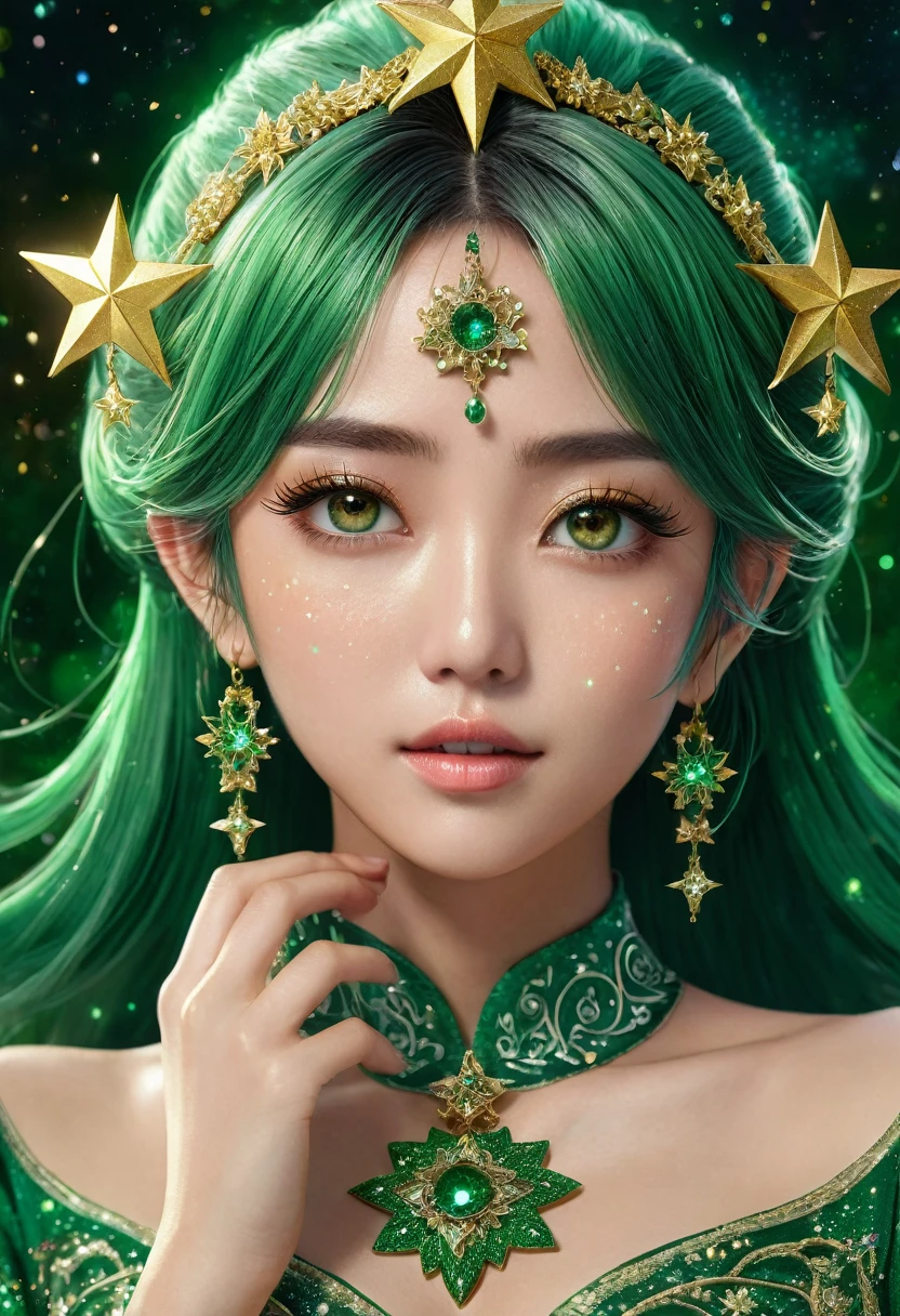matte painting of a green haired anime girl with sparkling brown eyes with Star motif, wearing a traditional green kebaya, holding hair, her hand is wearing a sparkling green ring, detailed glitter, deep color, fantastic, intricate details, splash screen, complementary colors, fantasy concept art, 8k resolution is trending in Artstation Unreal Engine 5 " glamorous and glittering, with Realistic Glitter Sequined Portrait. 4k, very detail, whole body