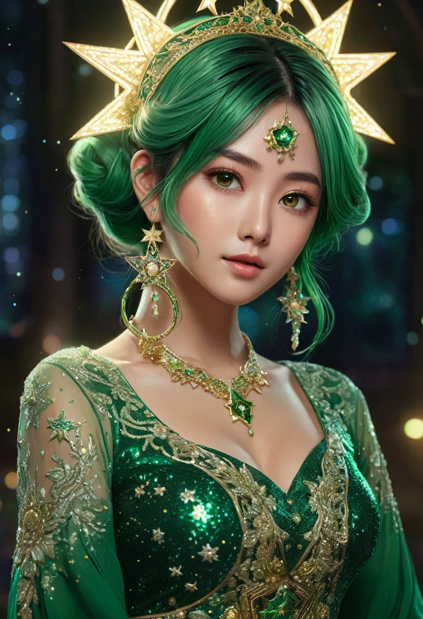 matte painting of a green haired anime girl with sparkling brown eyes with Star motif, wearing a traditional green kebaya, holding hair, her hand is wearing a sparkling green ring, detailed glitter, deep color, fantastic, intricate details, splash screen, complementary colors, fantasy concept art, 8k resolution is trending in Artstation Unreal Engine 5 " glamorous and glittering, with Realistic Glitter Sequined Portrait. 4k, very detail, whole body