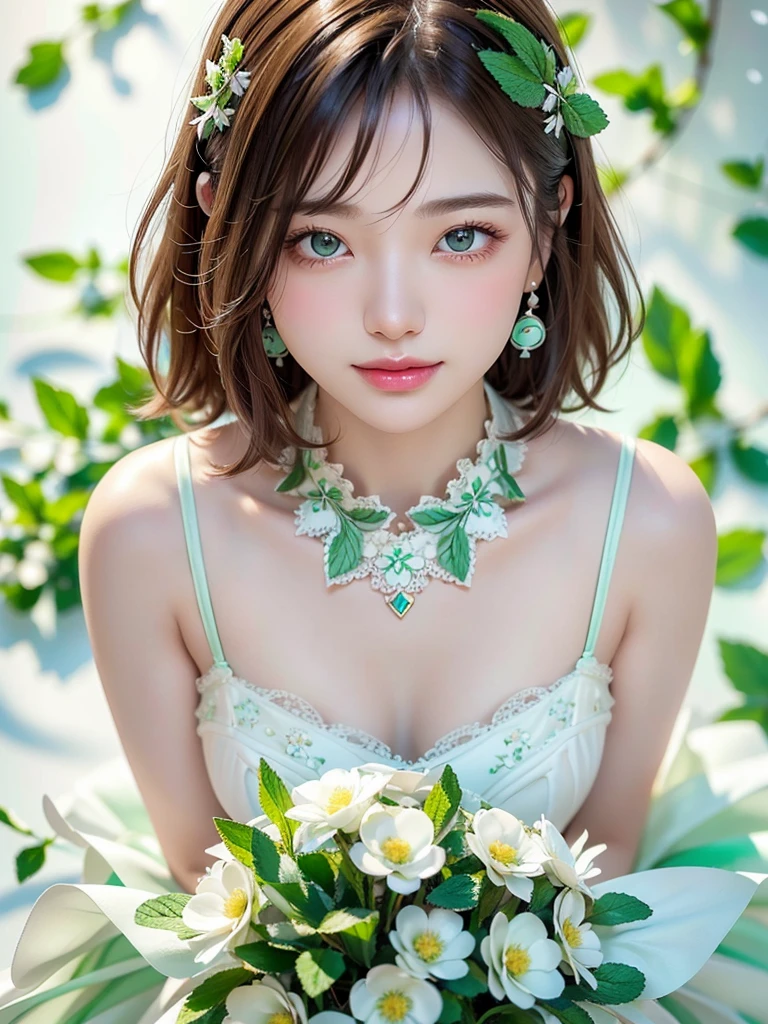 8k,Confused, High resolution, Very detailed, 1 girl, alone, Very beautiful eyes, Ultra-precise depiction, artistic、Very detailed depiction, (Tangled:1.2), , (White high key background:1.5), (((White dress with mint green floral pattern 1.5))), 、 short hair、Loose wavy hair、Earrings and Necklaces、Brown Hair, (Glowing Skin), Many colors, , (Shooting from above:1.2),、Flat Body、slim、cute、、Round face、Cast a Shadow、、Smile 1.3