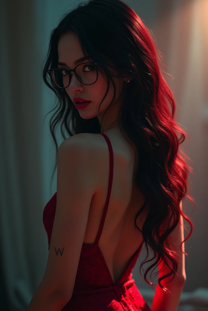 1girl, milf, long hair, glasses, backless dress, back view, tattoo of the letter W on her back, detailed eyes, detailed lips, extremely detailed face, longeyelashes, elegant, graceful, beautiful, photorealistic, 8k, masterpiece, hyper detailed, intricate details, cinematic lighting, vibrant colors, dramatic composition, dramatic lighting, chiaroscuro