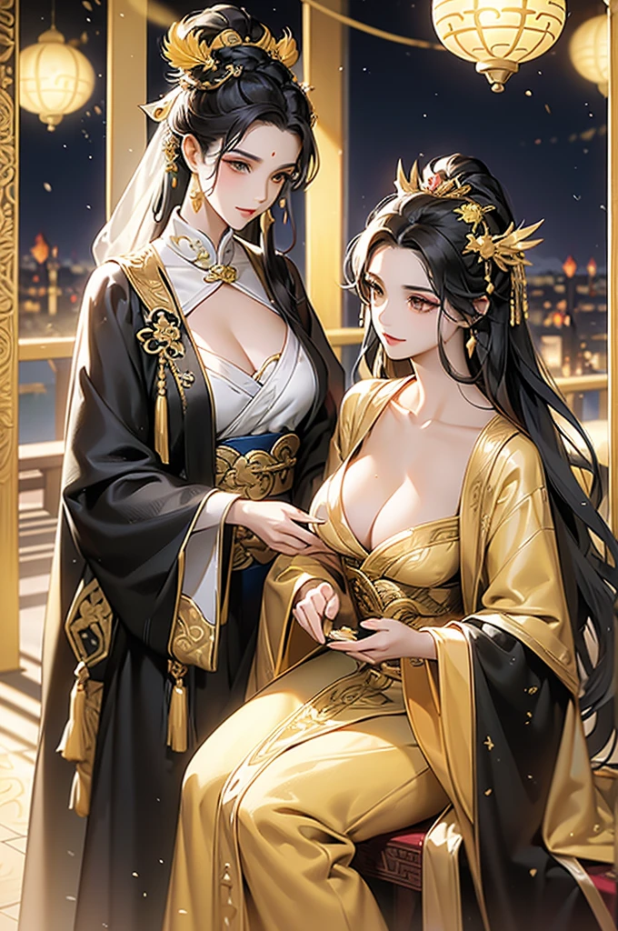 Black Hair, Immortal, Beauty, Royal sister, Stepmother, Gold Yellow Taoist robe, Golden Phoenix Coronet, Hair Bunch, Beautiful Breasts , Mature Woman,Sunshine