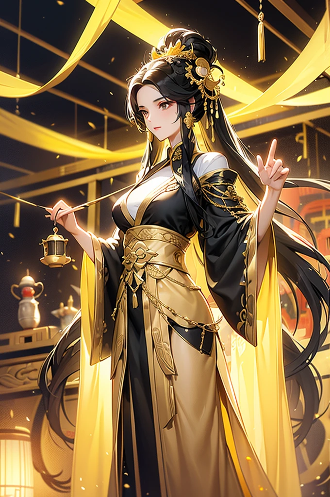 Black Hair, Immortal, Beauty, Royal sister, Stepmother, Gold Yellow Taoist robe, Golden Phoenix Coronet, Hair Bunch, Beautiful Breasts , Mature Woman，Sunshine