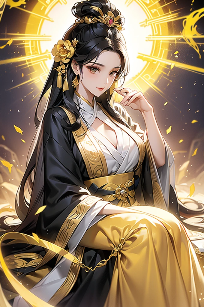 Black Hair, Immortal, Beauty, Royal sister, Stepmother, Gold Yellow Taoist robe, Golden Phoenix Coronet, Hair Bunch, Beautiful Breasts , Mature Woman，Sunshine