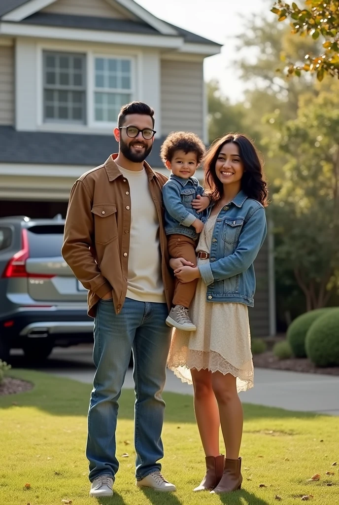 Create a photo of a young man, with short black hair, side hairstyle, with glasses, wearing a pair of jeans, off white sneakers, a light beige linen blouse and a brown jacket. Beside him a woman hugging him wearing a lightly patterned dress, a belt at the waist, denim jacket and boots. The woman has white skin, slightly long, black hair. Between the couple, is a 3--old , blackquality hair, Grinning. They are a family and they are in front of a typical American house in North Carolina.. Next door in the garage is a gray Volvo XC60 and a gray Lincoln Nautilus.. Both the family and the house and cars must appear in the image..
