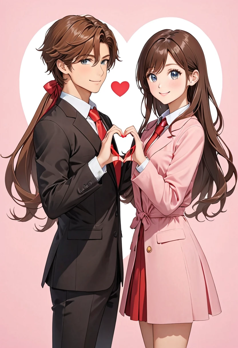 a female and male made of plastic stand next to each other making a heart symbol, heart, heart hands, 1girl, long hair, necktie, brown hair