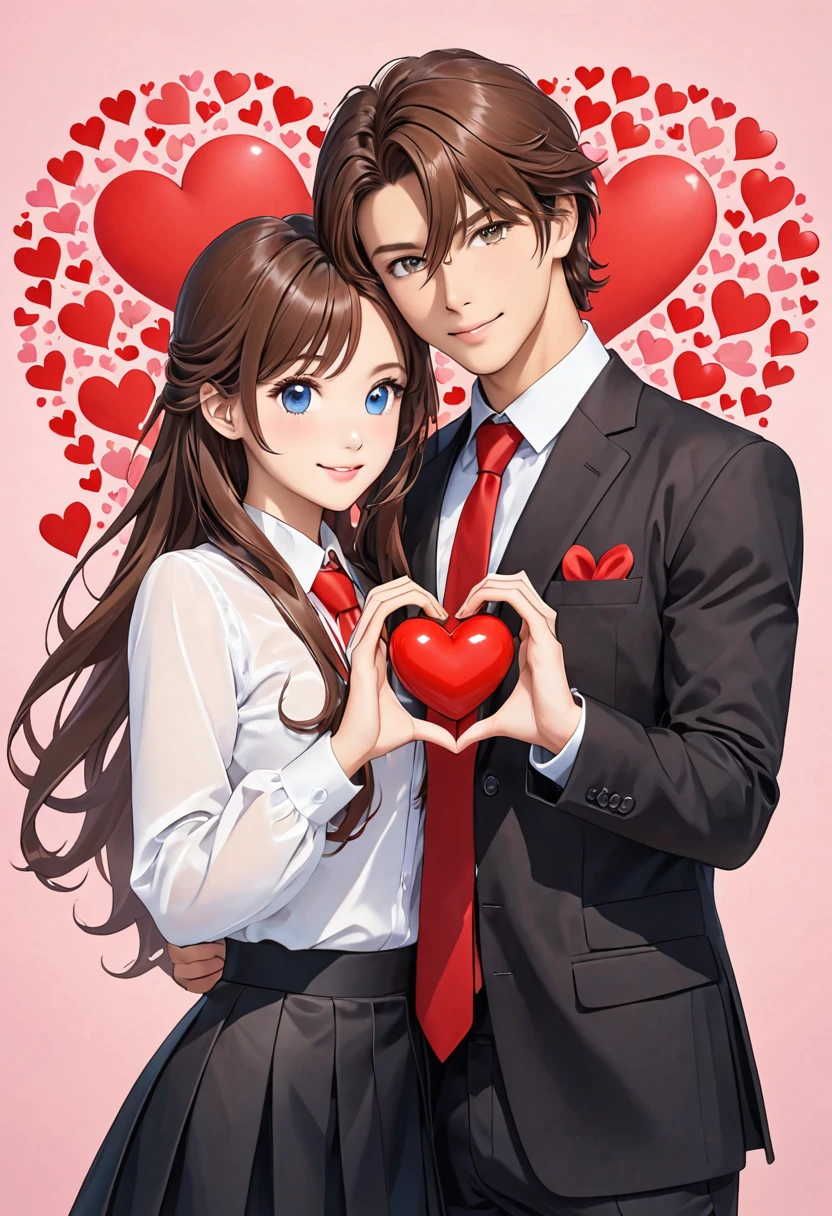 a female and male made of plastic stand next to each other making a heart symbol, heart, heart hands, 1girl, long hair, necktie, brown hair