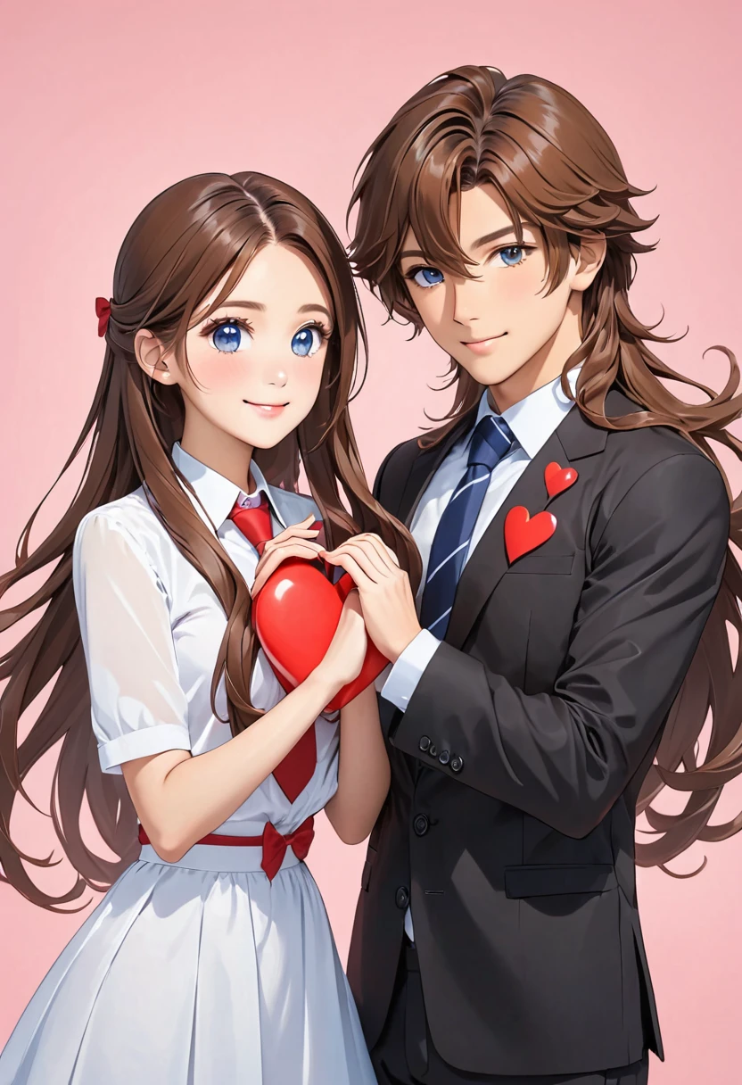 a female and male made of plastic stand next to each other making a heart symbol, heart, heart hands, 1girl, long hair, necktie, brown hair