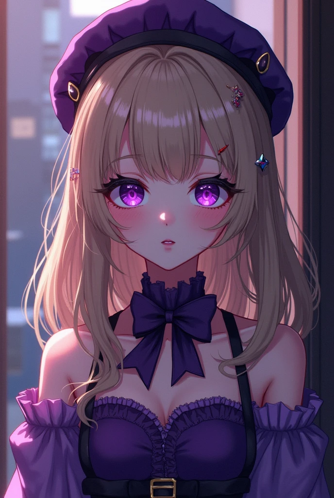 A pretty girl having a dirty blonde ringleted hair,
droopy purple eyes
an outfit theme thats menhera-kei and lte purple coloured
Their character type is yandere
they love sewing, they transform using! a perfume