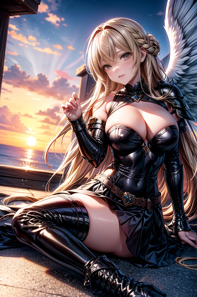 female archangel prepared for battle, an extremally beautiful warrior valkyre, ultra feminine, long hair, dark blonde hair, braided hair, wearing divine heavy armor, long leather boots, cleavage, big breasts, (white armor: 1.2), full plate armor, (angel wings: 1.2) spread, angel wings on both sides of her back, 2 sets of wings (left and right), posing for a picture, full body, floating mid-air, sunset, 16k, RAW, ultra wide shot, photorealism, depth of field, hyper realistic, 2.5 rendering, ray tracing