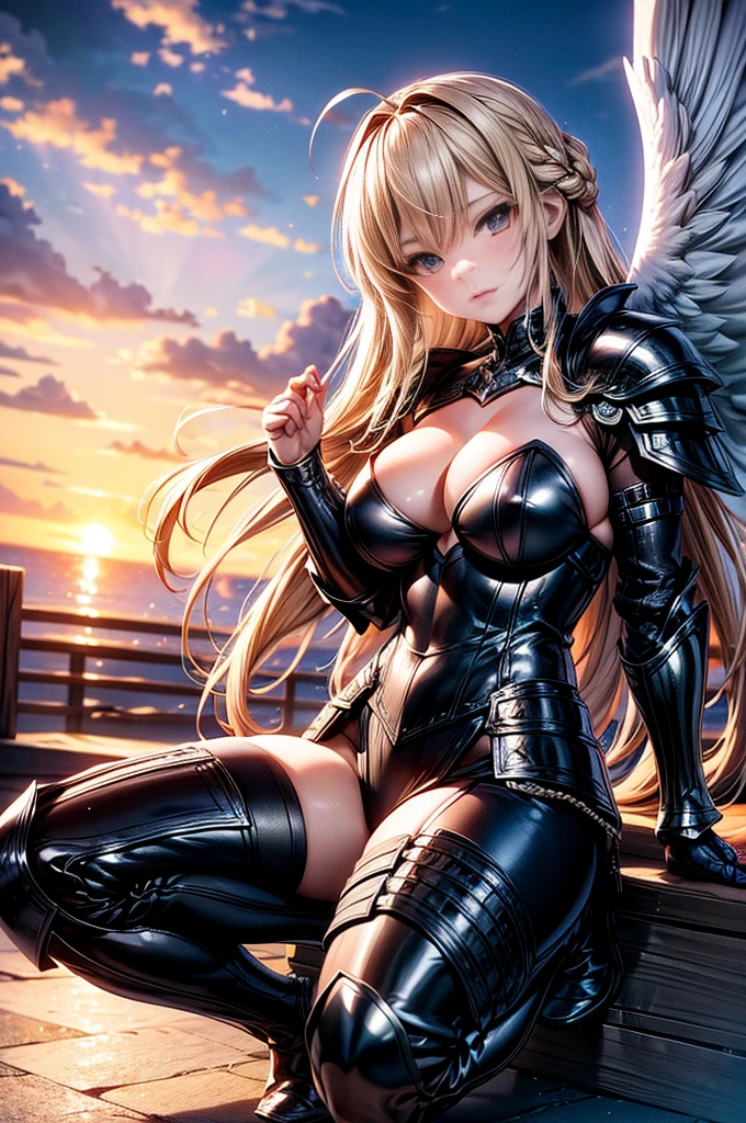 female archangel prepared for battle, an extremally beautiful warrior valkyre, ultra feminine, long hair, dark blonde hair, braided hair, wearing divine heavy armor, long leather boots, cleavage, big breasts, (white armor: 1.2), full plate armor, (angel wings: 1.2) spread, angel wings on both sides of her back, 2 sets of wings (left and right), posing for a picture, full body, floating mid-air, sunset, 16k, RAW, ultra wide shot, photorealism, depth of field, hyper realistic, 2.5 rendering, ray tracing