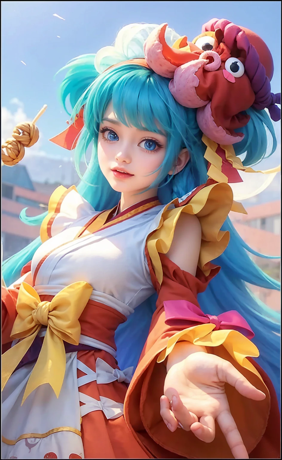 1 , longye hair, breastsout, gaping mouth, bangss, blue colored eyes, chestnut hair, Hair with two high braids, hair tie, aretes, teeths, make-up, simple background, hair ribbon, Escola Ashcan,