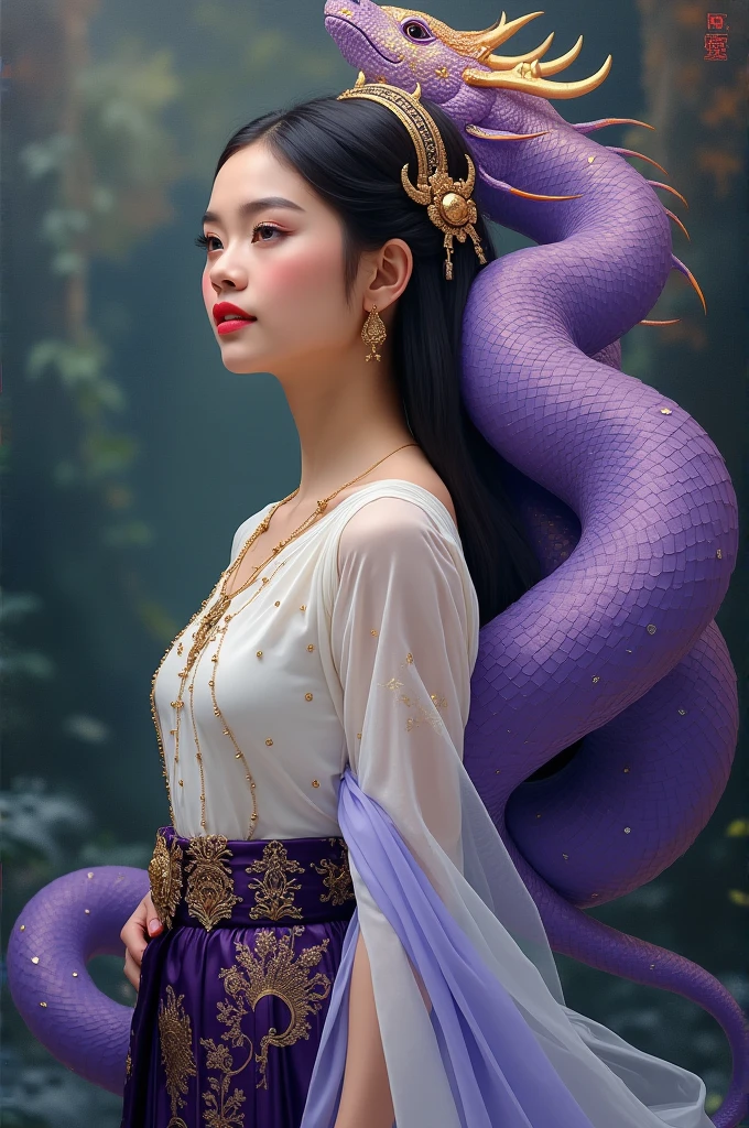 A beautiful young woman wearing a white Thai dress with gold sparkles, a purple and black silk skirt with gold sparkles, a light purple silk sash around her arm, and a beautiful purple Thai Naga on the back with gold scales, glowing and sparkling beautifully. The power of mountains and rivers, the power of mountains and rivers, oil painting, oil painting, 3D painting, art painting by Ajarn Chalermchai