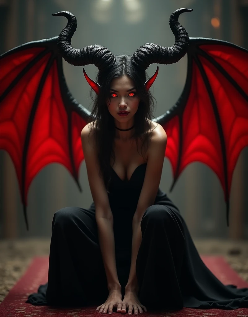Female Devil, Lilith, (whole body:1.55), (Beautiful and elaborate eyes glow red:1.4), (Large bat-like demon wings:1.4), (Tie your hair into two ponytails to create large bull horns), (Arms raised to show armpits:1.0), (Squat with your feet wide apart:1.0), Beautiful lip detail, Very detailed目と顔, Long eyelashes, smile, Black long dress, (Highest quality,4K,8k,High resolution,masterpiece:1.2),Very detailed,(Realistic,photoRealistic,photo-Realistic:1.37),Detailed skin, Intricate details, Dramatic lighting, Dark fantasy, Chiaroscuro, Gloomy atmosphere, Deep Shadow, Warm color palette, Rich texture, Structure of the film, Strong gaze,