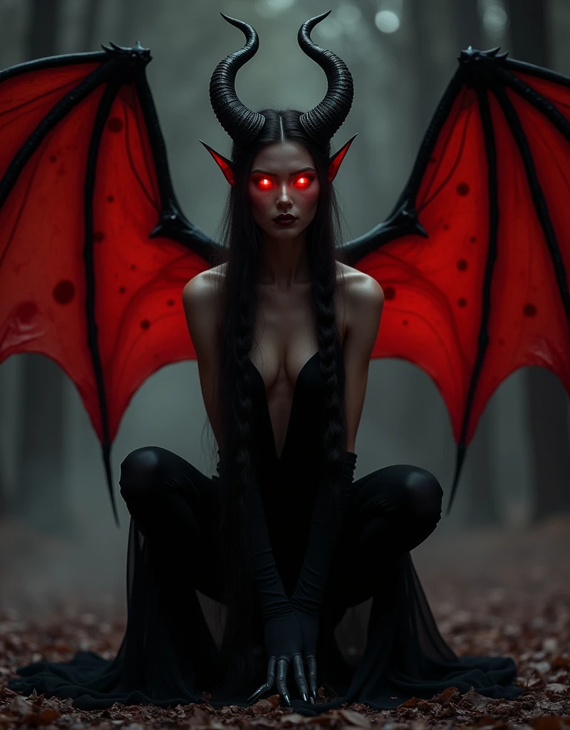 Female Devil, Lilith, (whole body:1.55), (Beautiful and elaborate eyes glow red:1.4), (Large bat-like demon wings:1.4), (Tie your hair into two ponytails to create large bull horns), (Arms raised to show armpits:1.0), (Squat with your feet wide apart:1.0), Beautiful lip detail, Very detailed目と顔, Long eyelashes, smile, Black long dress, (Highest quality,4K,8k,High resolution,masterpiece:1.2),Very detailed,(Realistic,photoRealistic,photo-Realistic:1.37),Detailed skin, Intricate details, Dramatic lighting, Dark fantasy, Chiaroscuro, Gloomy atmosphere, Deep Shadow, Warm color palette, Rich texture, Structure of the film, Strong gaze, 