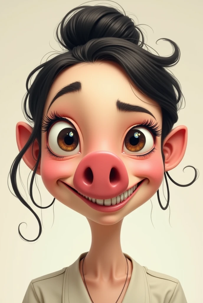 A human with a pig nose and bucktoothed front teeth woman