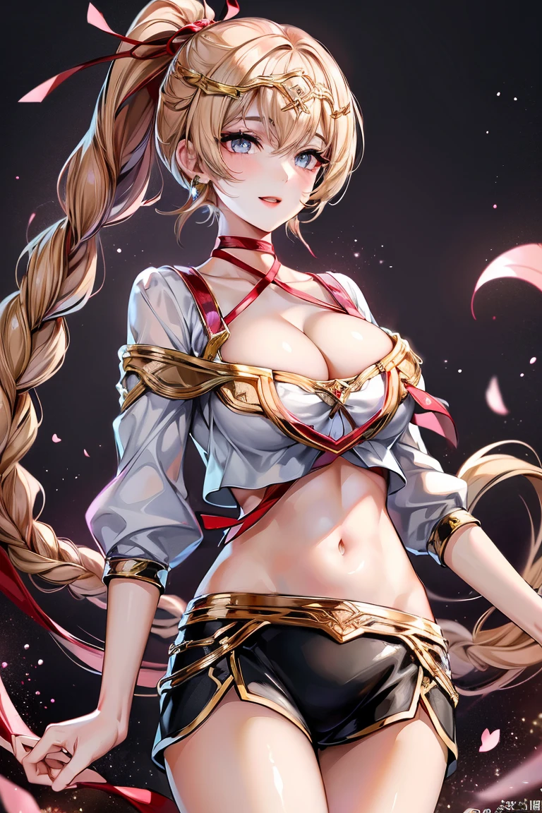 最高masterpiece、16K、最high quality、Detailed face、Detailed eyes、Epic Seven Style、girl、 (Wavy Ponytail, Shoulder hair, Very long hair, very thick hair), Blonde or white hair、Have beautiful eyes, Golden Eyes, Star-shaped pupil, Diamond-shaped pupils), smile, Happy , Big Breasts, Cleavage, Crescent moon earrings, Casual wear goddess, 2 pairs of leather collars with beautiful jeweled feathers), (Hair Flower Hairpins), Using Lens Flare, chromatic aberration, Attention to detail, anime, Romanticism, About Art, Written boundary depth, Motion Blur, Dazzling Light, Film Grain, 超High resolution, retina, Accurate, masterpiece, Anatomically correct, Rough skin, Very detailed, Attention to details, high quality, Awards, 最high quality, High resolution, 16K, put your hands behind your back、Panchira appearance、Please lift your skirt