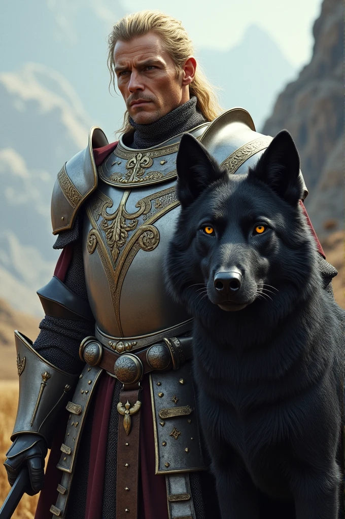 Blond man in medieval armor with his black wolf mascot