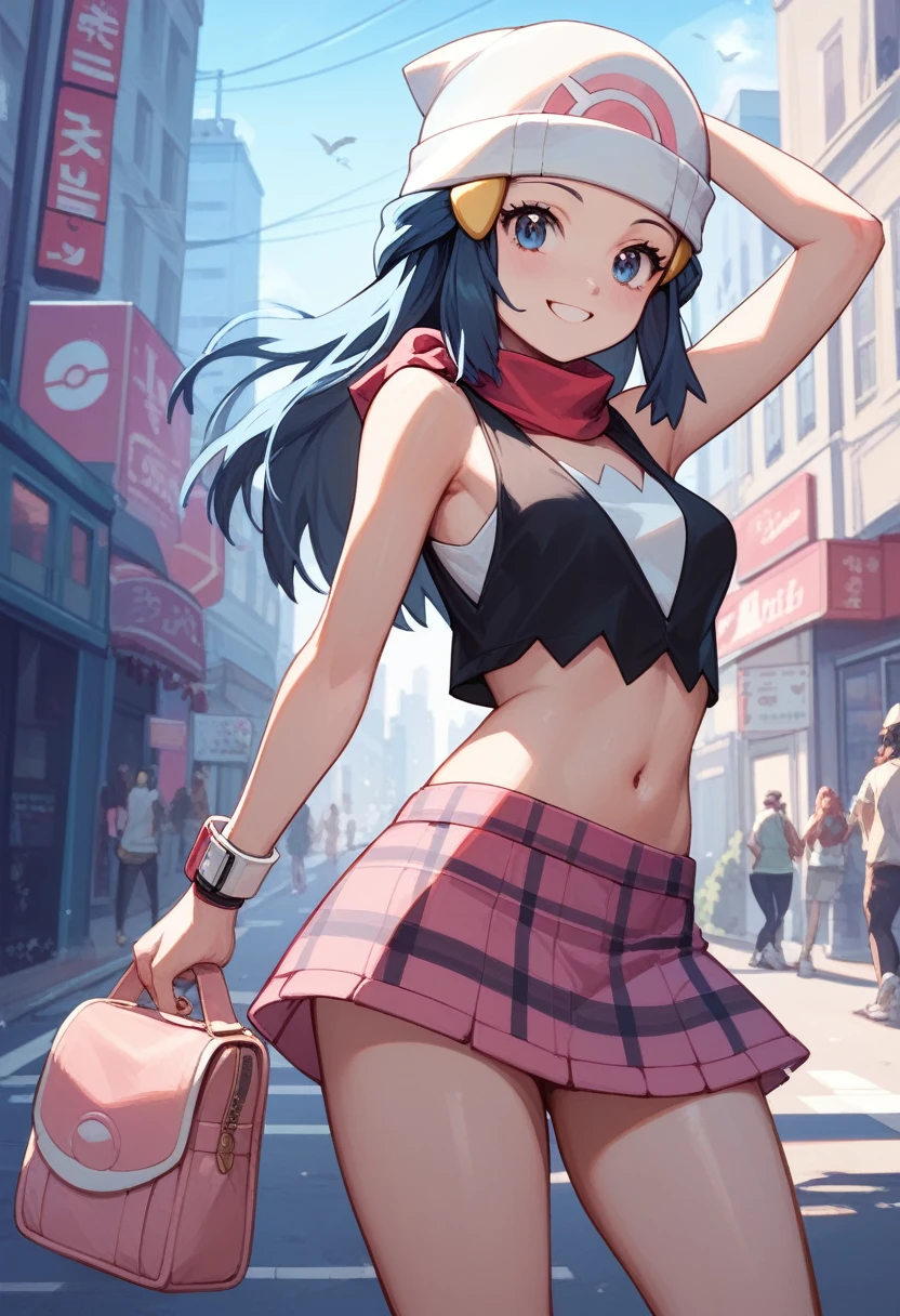 masterpiece, Best Quality, 1 girl, dawn \(Pokémon\), without hat, by the wide, For the blue, blue eyes, plaid skirt,crop top,Top celeste, smile, looking at the viewer, city background,Street,sexy