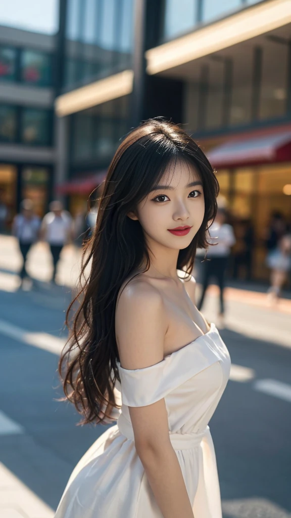 A perfect young female white-collar worker,Chinese,High picture quality,Works of masters,Black hair,Long hair flowing over the shoulders,cropped shoulders,clavicle,exquisite face,Hydrated red lips,,Real Human,( shopping mall background:1.5),CG rendering,16k, Blurred background, (full body shot), Shooting from a distance,eyes look straight into the lens, smiles, Very detailed, wallpaper, depth of field, movie light, lens flare, Ray tracing, live stre , smiles, Do not show your hands,Close-up shot