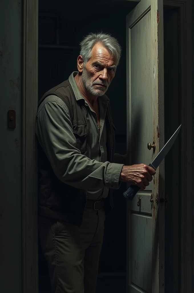 Old man in a doorway with a knife