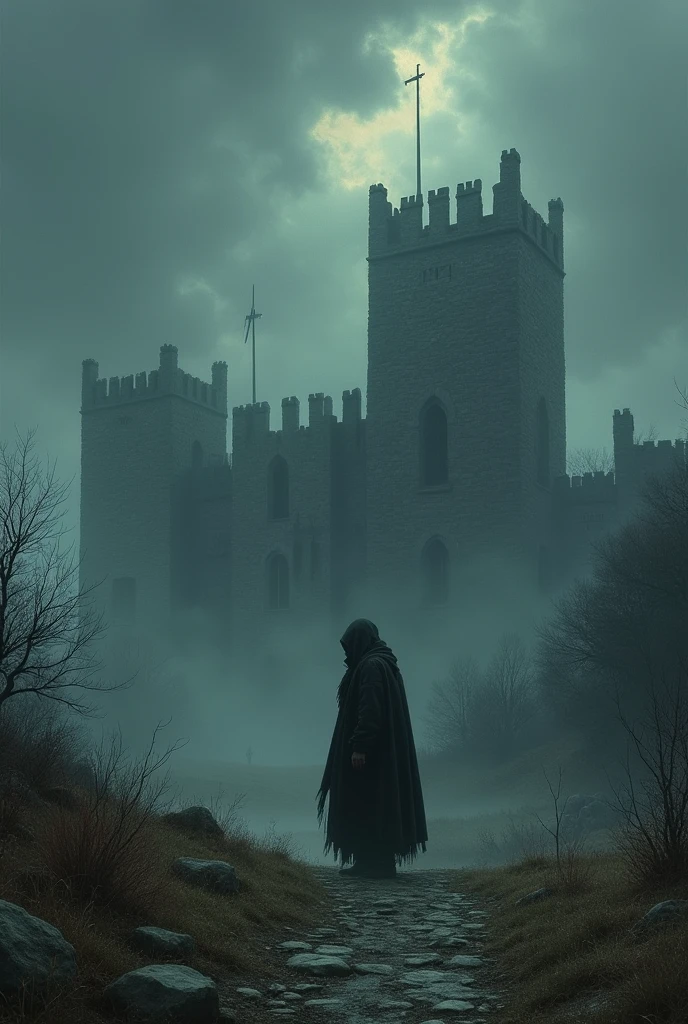 old world, medieval times, 80's dark fantasy style with cloudy weather