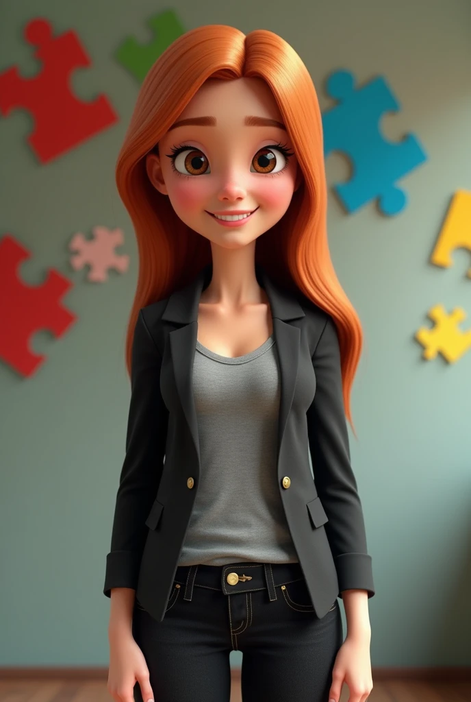 A 37-year-old woman, with thin, straight light copper-brown hair, a round smiling face and brown eyes, wearing a gray shirt, black blazer, and black jeans. Full-length portrait, looking at camera, 3D, pixar style, cartoon. Background wall with red, blue, green and yellow puzzle
