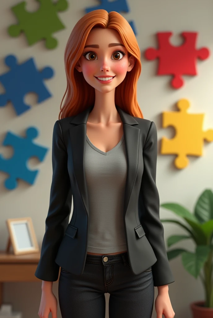 A 37-year-old woman, with thin, straight light copper-brown hair, a round smiling face and brown eyes, wearing a gray shirt, black blazer, and black jeans. Full-length portrait, looking at camera, 3D, pixar style, cartoon. Background wall with red, blue, green and yellow puzzle