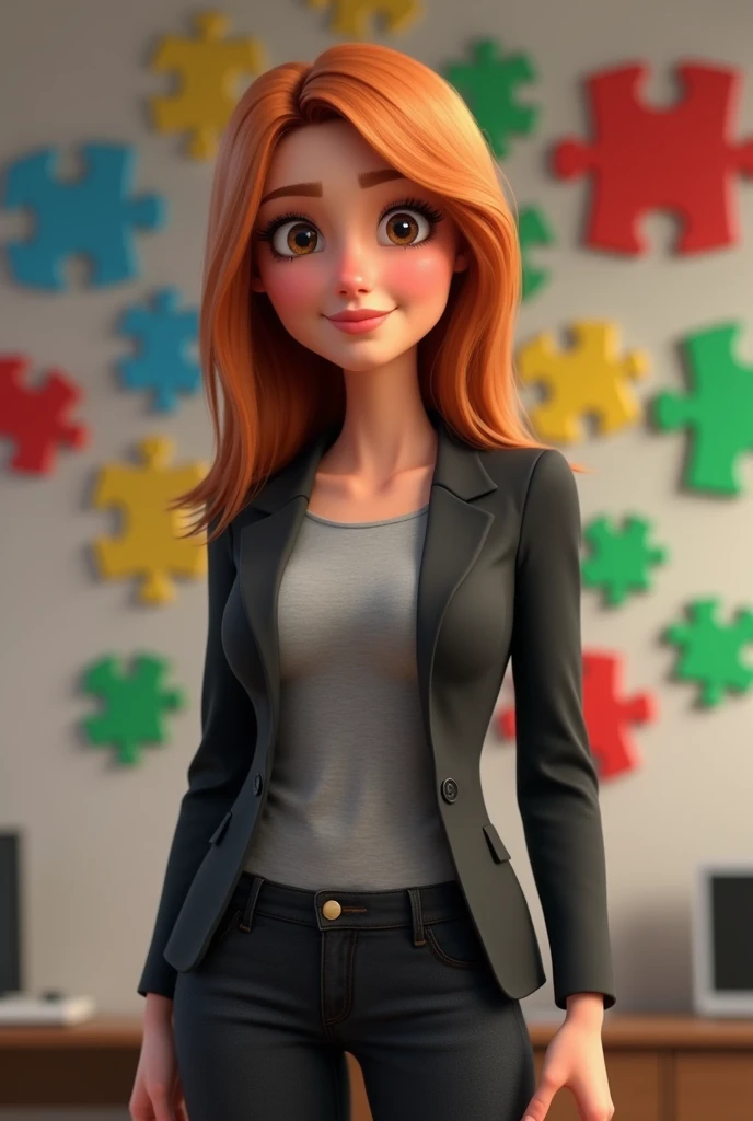 A 37-year-old woman, with thin, straight light copper-brown hair, a round smiling face and brown eyes, wearing a gray shirt, black blazer, and black jeans. Full-length portrait, looking at camera, 3D, pixar style, cartoon. Background wall with red, blue, green and yellow puzzle