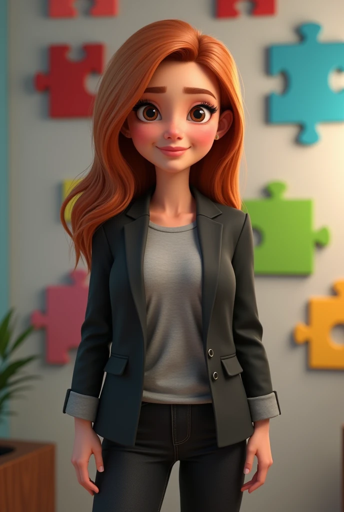 A 37-year-old woman, with thin, straight light copper-brown hair, a round smiling face and brown eyes, wearing a gray shirt, black blazer, and black jeans. Full-length portrait, looking at camera, 3D, pixar style, cartoon. Background wall with red, blue, green and yellow puzzle
