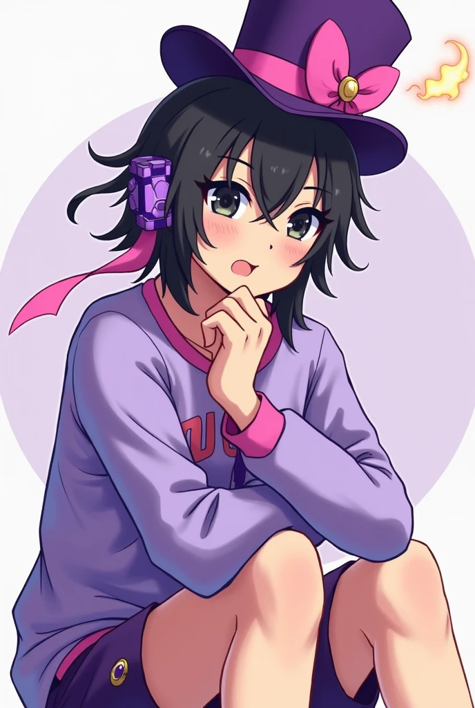 An anime character with black hair, brown skin, black eyes, on his head in the right corner there is a purple top hat with a pink ribbon and on his left ear there is a device that is shaped like a flame and is purple and pink in color. His clothes are a sweatshirt and shorts, all with the purple and pink color palettes of the male gender.