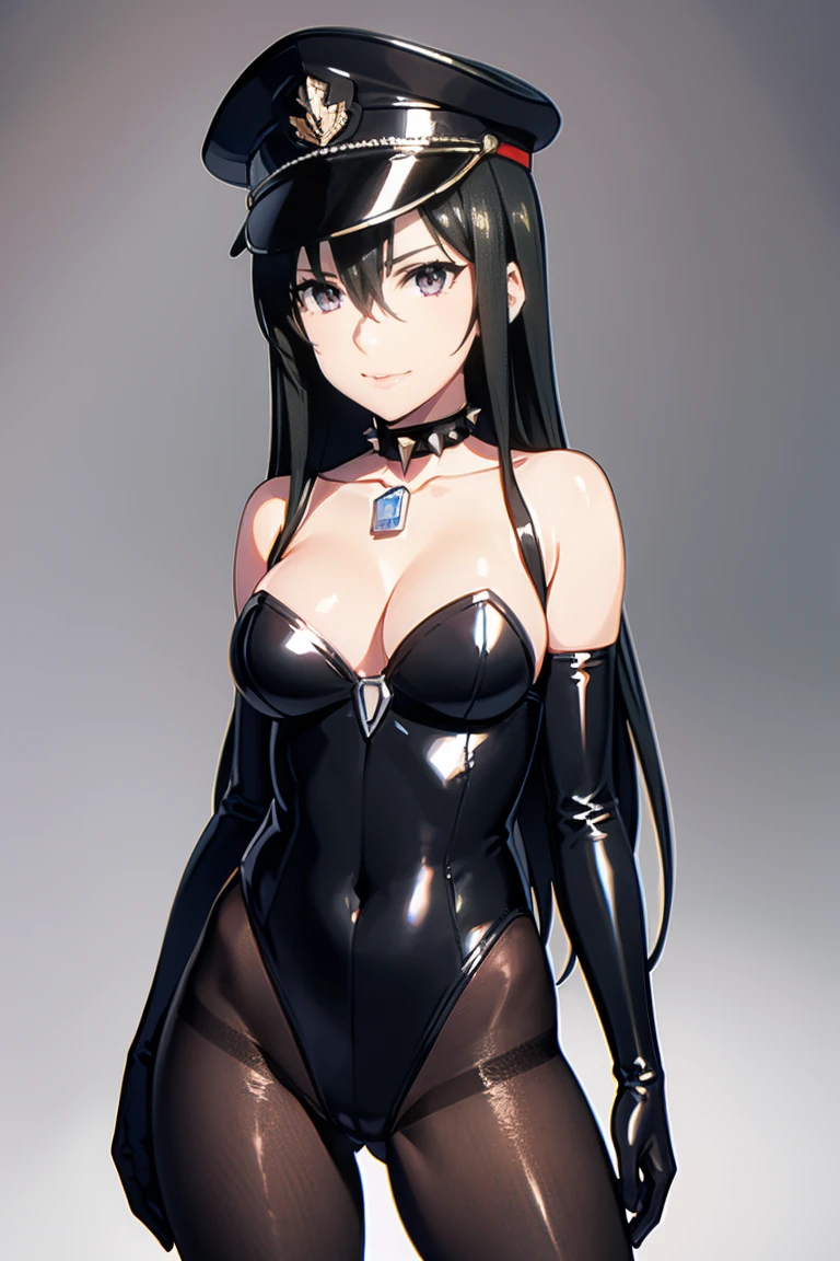 masterpiece, best quality, extremely detailed cg unity 8k wallpaper, extremely detailed cg, super fine illustration, beautiful, official art, production art, by famous artist, masterwork, exquisite, ultra high res, ultra detailed, insanely detailed, finely detailed, ultra quality, high quality, top quality, absurdres, absolutely resolution, incredibly absurdres, hair between eyes, long hair, black hair, pink eyes, 16k portrait, anime screencap, anime style, anime best girl, beautiful portrait of cute anime girls, extremely detailed beautiful face and eyes, perfect face, perfect eyes, even eyes, symmetrical eyes, perfect female body, cross bangs, highly detailed, intricate, professional quality, slant eyes, 32k portrait, (((cowboy shot, body shot, lower body))), (((pantyhose, skin tight))), beautiful artwork, super detailed skin, large breasts, hdr, extremely high resolution, bare shoulder, deep detailed eyes, bondage, leotard, cleavage cutout, cleavage, (((elbow gloves))), enamel clothes, gleaming skin, oil skin, shiny skin, bare cleavage, bare collarbone, (((animal collar,spiked collar, symmetrical spiked, beautiful spiked, perfect spiked))), (((peaked military cap))), adult, fair skin, stomach skin tight,
