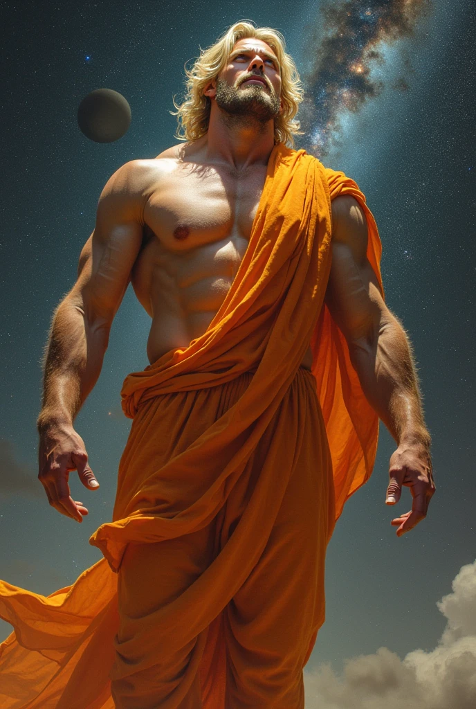 The image shows a muscular man, with blonde and wavy hair, dressed in an orange tunic or cloak that partially covers his body. It is in a cosmic environment, with galaxies, stars and planets visible in the background. His posture is powerful and he appears to be contemplating or interacting with the space around him.. The scene evokes a sense of grandeur and divinity., as if man represented a mythological or celestial figure in the universe.