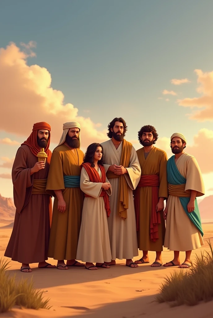 Create for me an image of Job, his wife, his seven sons and his three daughters. in a farm environment with a mansion in the background and its cattle and sheep.