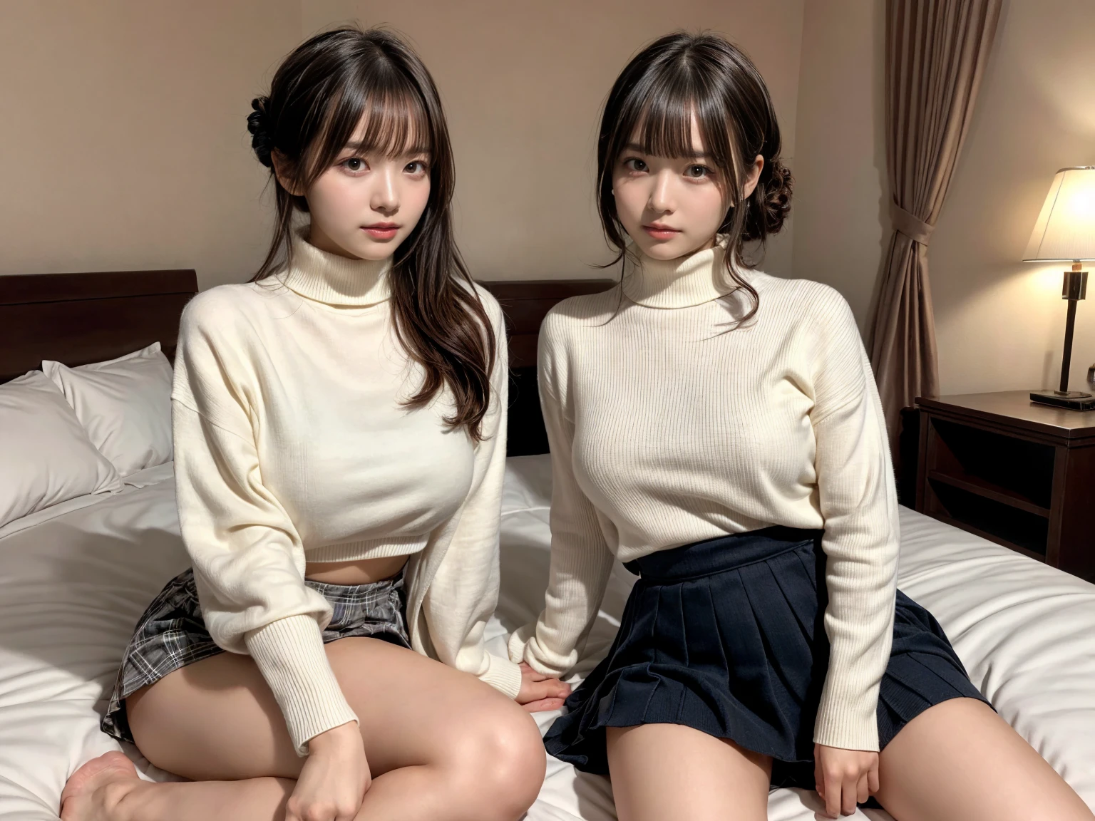 masterpiece, best quality, illustration, Super detailed, fine details, High resolution, 8K,wall paper, perfect dynamic composition,(Details High quality, realistic depiction of eyes:1.3), (2 girls), Oversized turtleneck light beige sweater, pleated skirt, straight hair, large breasts, black hair color, Big Natural Color Lip, (perfect body shape), crying a little、cold gaze, Harajuku style、20 year old girl、cute type、ta、beautiful legs, hotel room, Gravure Idol, Voluptuous thighs