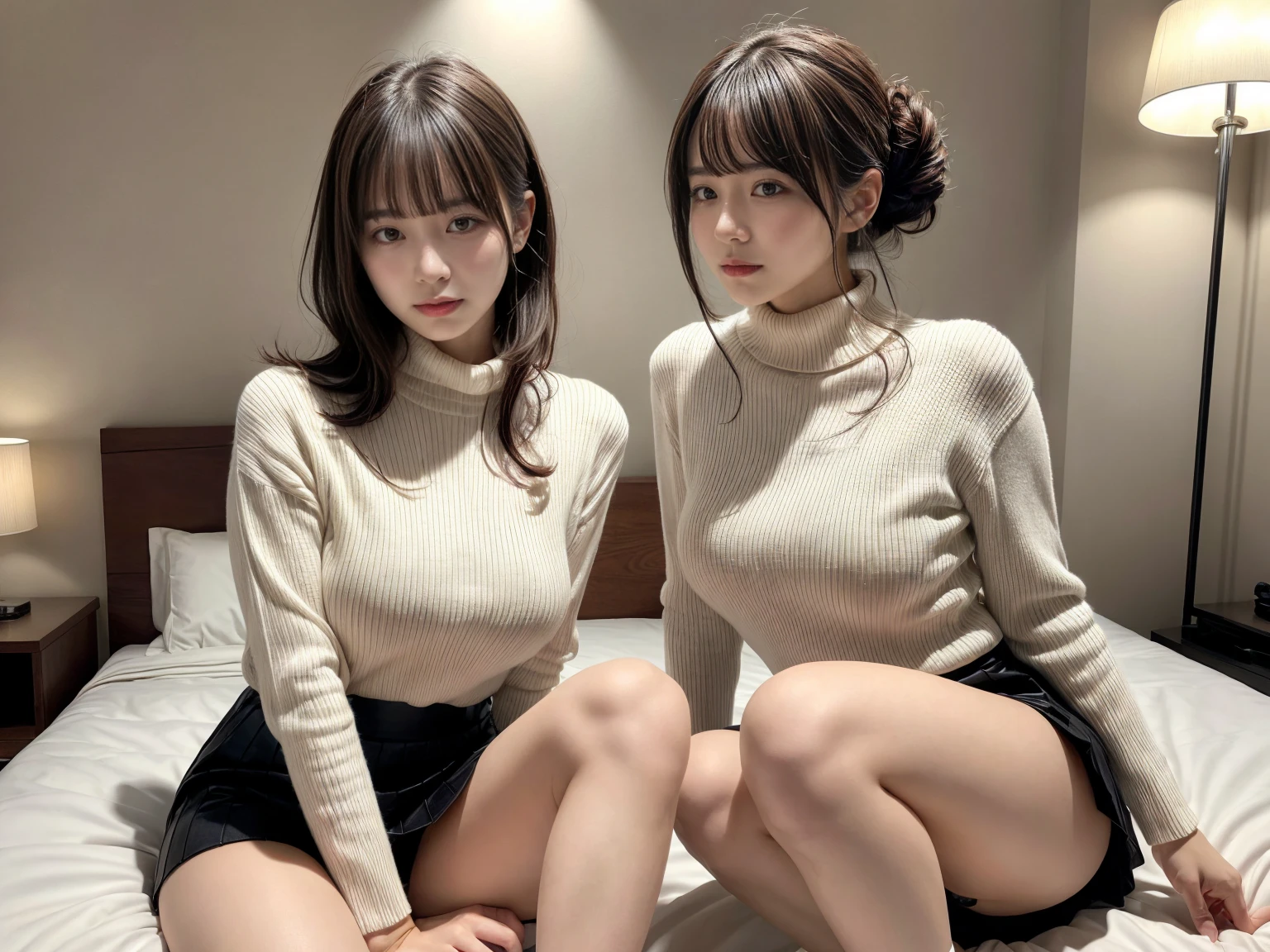 masterpiece, best quality, illustration, Super detailed, fine details, High resolution, 8K,wall paper, perfect dynamic composition,(Details High quality, realistic depiction of eyes:1.3), (2 girls), updo), white turtleneck sweater, pleated skirt, sitting, open legs, short bob hair, in a hotel room in the background, deep on field, large breasts, black hair color, Big Natural Color Lip, (perfect body shape), crying a little、Harajuku style、20 year old girl、cute type、beautiful legs, Gravure Idol