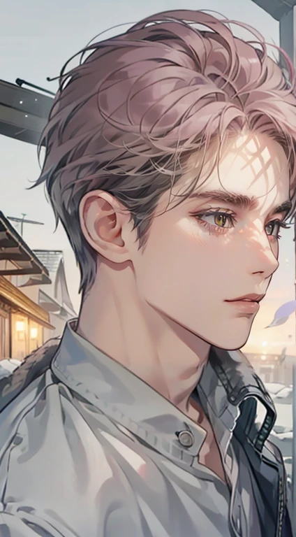 masterpiece, best quality, realistic, 1man, mature male, quiet and charming young man, 35 years old, close his eyes, serious, closed mouth, extremely detailed face, cold, ((dark grey blue eyes)), ((short-right-swept dark grey pink hair)), [thick eyebrows], ((hunter)), accurate, detailed, ((town))