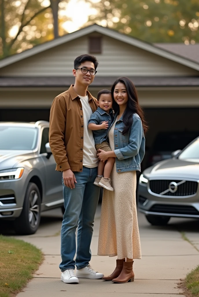 Create a photo of a young man, with short black hair, side hairstyle, with glasses, wearing a pair of jeans, off white sneakers, a light beige linen blouse and a brown jacket. Beside him a woman hugging him wearing a lightly patterned dress, a belt at the waist, denim jacket and boots. A mulher é white-skinned, slightly long, black hair. Between the couple, is a 3--old , blackquality hair, smooth ass, white-skinned, Grinning. They are a family and they are in front of a typical American house in North Carolina.. Next door in the garage is a gray Volvo XC60 and a gray Lincoln Nautilus.. Both the family and the house and cars must appear in the image..