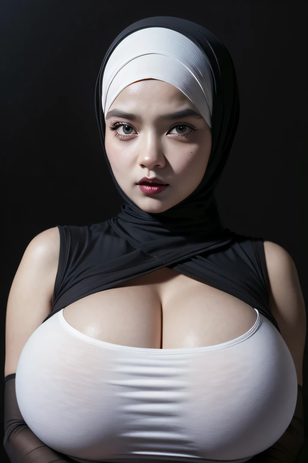 ((GOTHIC GOTH GIRL BLACK LIPS)), Jumbo (Singlet), Chubby adorable, 1 girl, (face to face), 10 years old, baby face, angry face expression, half body portrait, (face details: 1), (eye details: 1), ((big breasts)). wearing transparent transparency soft long shirt, hijab, .. Cute posed. proportional body. Ultra High Res. realistic: 1.4, UHD, ((white leopard pattern)), ((Bigger:2.4)), (((DARK BACKGROUND)))